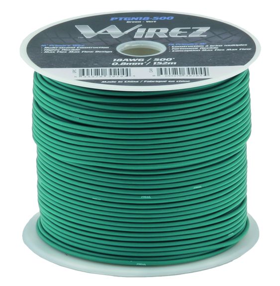 Wirez PTGH18-500 - 18 Gauge Green Primary Wire - 500ft