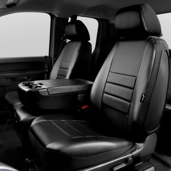 FIA® • SL68-38 BLK/BLK • LeatherLite • Soft Touch Simulated Leather Custom Fit Truck LeatherLite Seat Covers by Fia • Chevrolet Silverado/GMC Sierra 1500 19-22