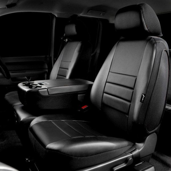FIA® • SL68-38 BLK/BLK • LeatherLite • Soft Touch Simulated Leather Custom Fit Truck LeatherLite Seat Covers by Fia • Chevrolet Silverado/GMC Sierra 1500 19-22